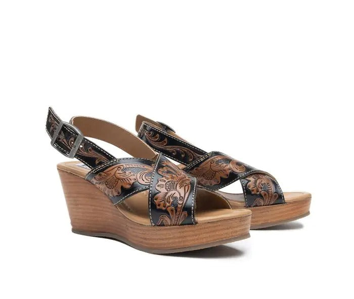 Myra Bag: S-10233 "Flower Ridge Hand Tooled Wedge Shoes"