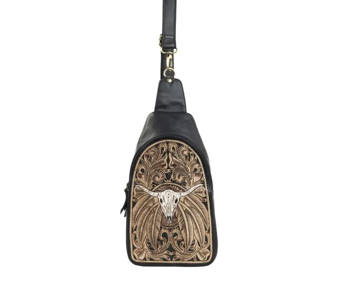 Myra Bag: S-10643 "El Dirigir Mesa Hand-Tooled Leather Sling Bag"