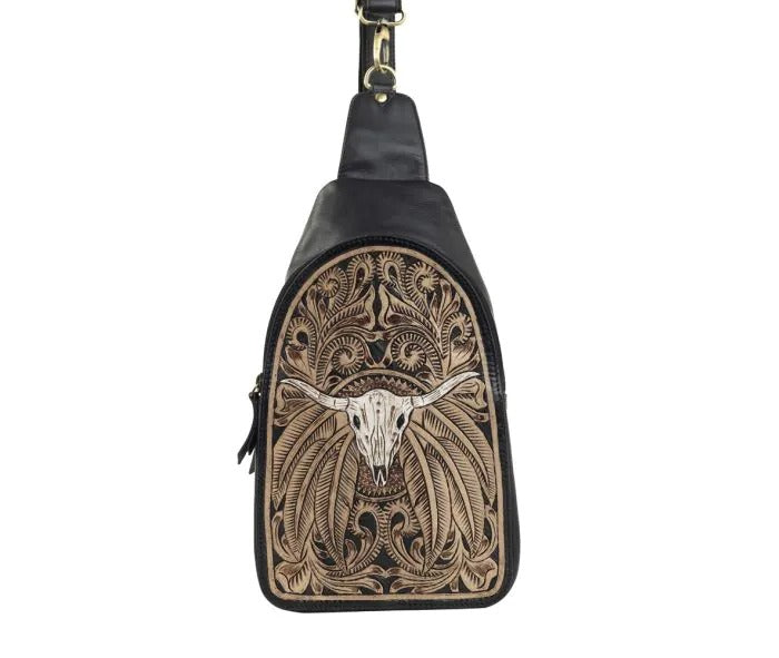 Myra Bag: S-10643 "El Dirigir Mesa Hand-Tooled Leather Sling Bag"