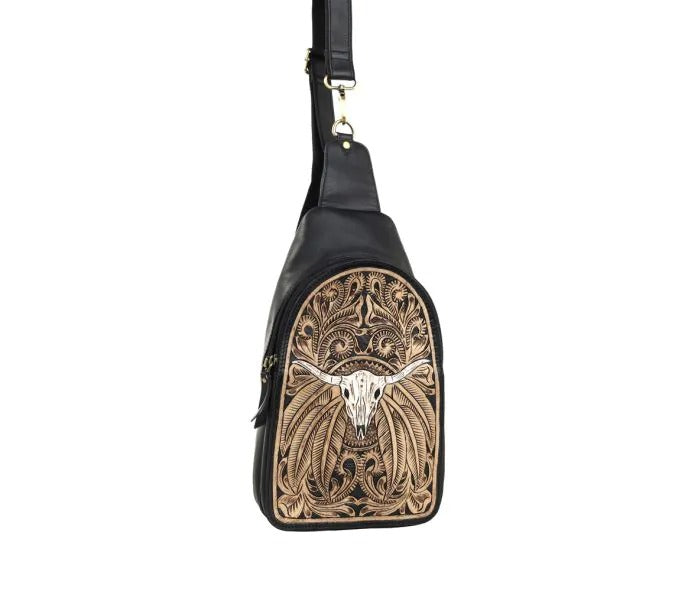 Myra Bag: S-10643 "El Dirigir Mesa Hand-Tooled Leather Sling Bag"