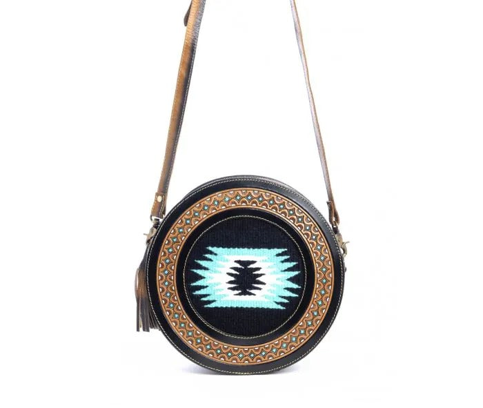 Myra Bag: S-10697 "Empress Eye Hand-Tooled Leather & Upcycled Rug Round Bag"