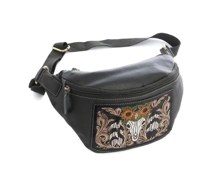 Myra Bag: S-10699 "Midnight Herd Hand-Tooled Leather Fanny Pack Bag"