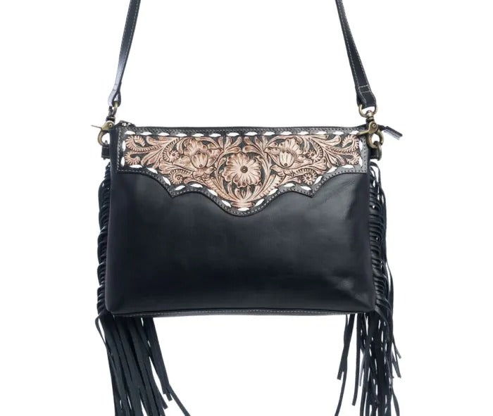 Myra Bag: S-10723 "Chaparral Ridge Hand-Tooled Shoulder Bag in Coal"