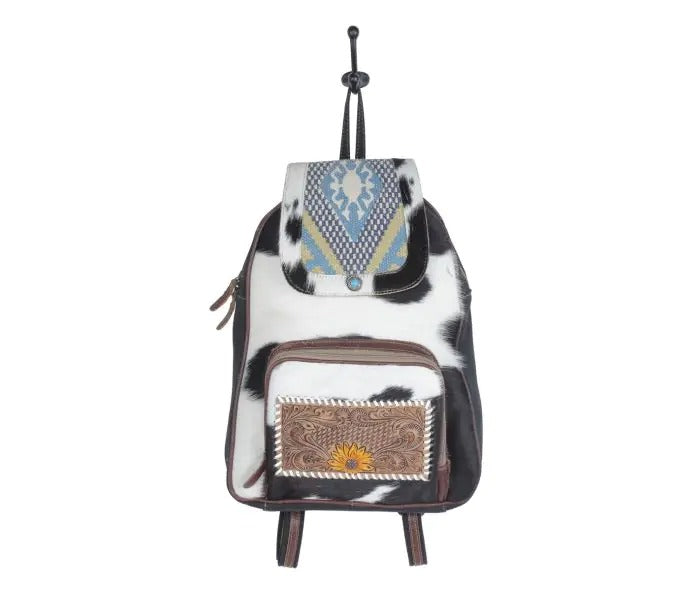 Myra Bag: S-4735 "Couver Hand-Tooled Leather Hair-On Hide Rug Backpack Bag"