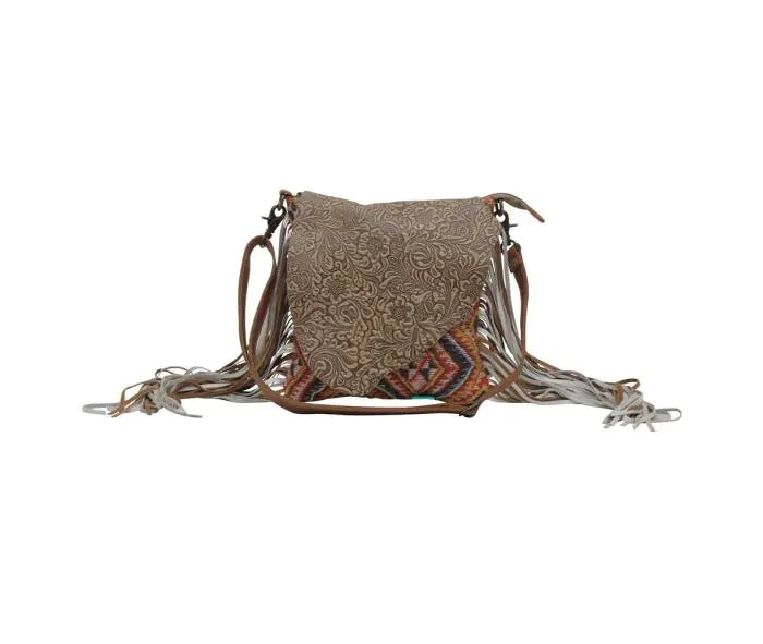 Myra Bag: S-5640 "Taupe Shape Fringed Concealed Carry Crossbody Bag"