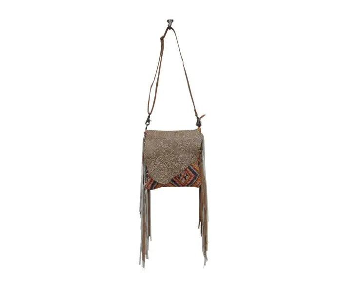 Myra Bag: S-5640 "Taupe Shape Fringed Concealed Carry Crossbody Bag"