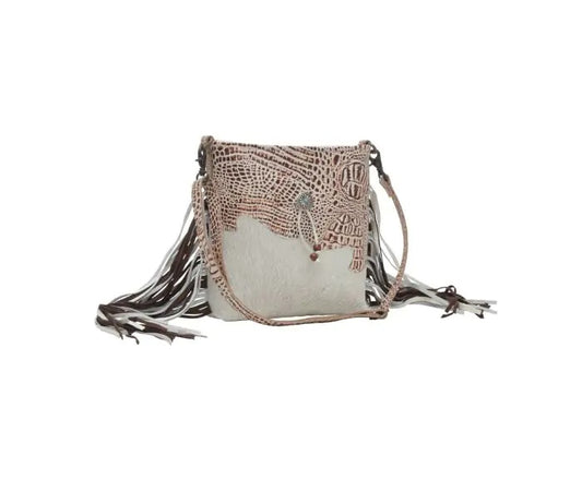 Myra Bag: S-6213 "Smokey West Leather & Hair-On Shoulder Bag with Fringe"