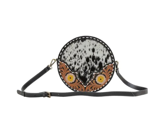 Myra Bag: S-6537 "Flax Blossom Hand-Tooled Leather & Hair On Round Bag"