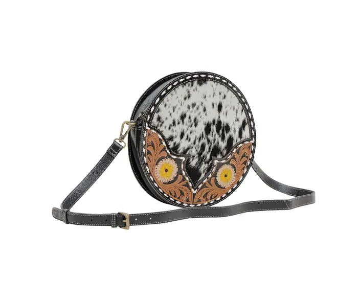 Myra Bag: S-6537 "Flax Blossom Hand-Tooled Leather & Hair On Round Bag"