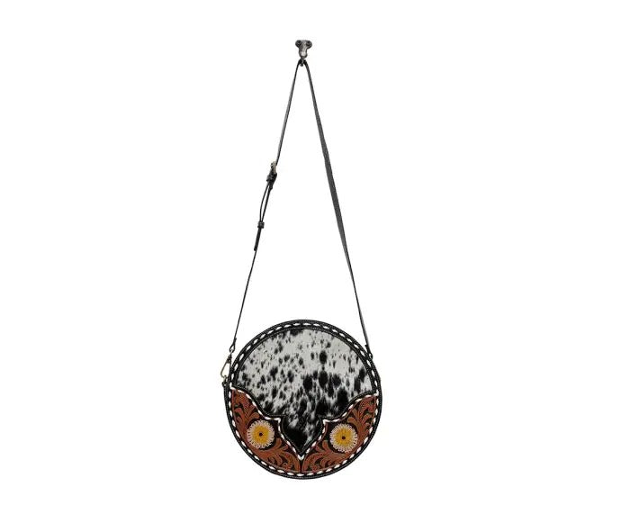 Myra Bag: S-6537 "Flax Blossom Hand-Tooled Leather & Hair On Round Bag"