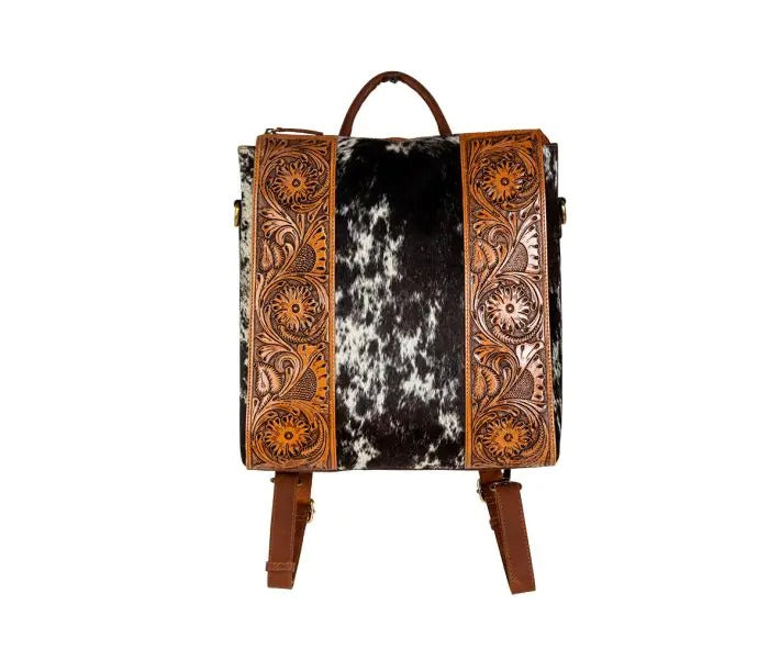 Myra Bag: S-7461 "Wynona Fleur Hand-Tooled Leather Hair-On Hide Backpack Bag"