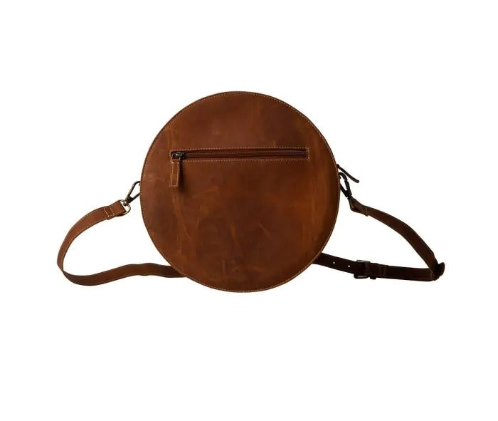 Myra Bag: S-7468 "Mojave Hand-Tooled Leather & Hair On Round Bag"