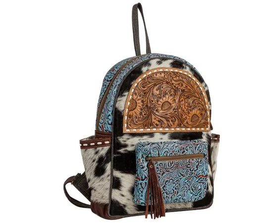 Myra Bag: S-8014 "Chisum Draw Hand-Tooled Leather Hair-On Hide Backpack Bag"