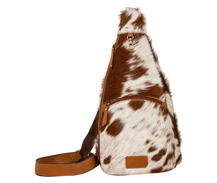 Myra Bag: S-8068 "Cullom Trail Hair-on Hide Bucket Sling Bag in Brown"