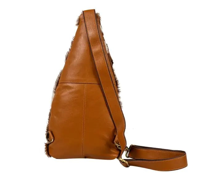 Myra Bag: S-8068 "Cullom Trail Hair-on Hide Bucket Sling Bag in Brown"