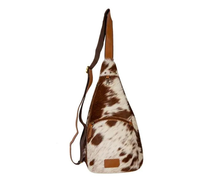 Myra Bag: S-8068 "Cullom Trail Hair-on Hide Bucket Sling Bag in Brown"