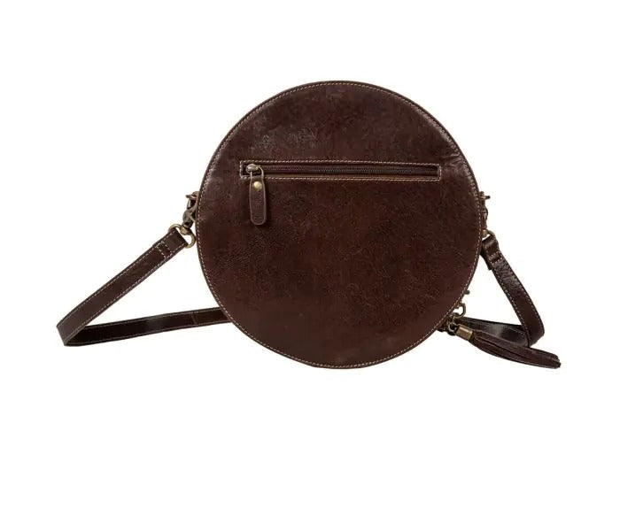 Myra Bag: S-8142 "Night Gaze Hand-Tooled Leather & Hair On Round Bag"