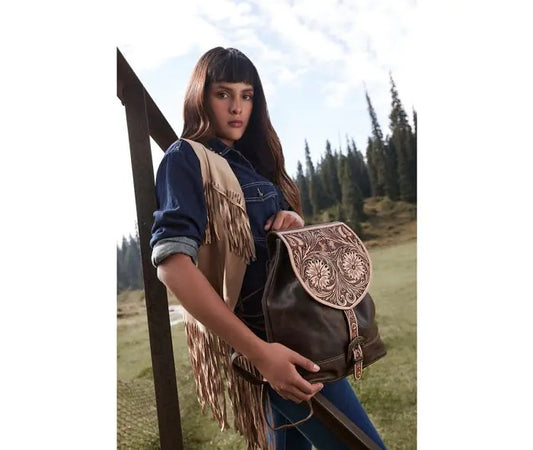 Myra Bag: S-8695 "Rolling Plains Hand-Tooled Leather Backpack Bag"