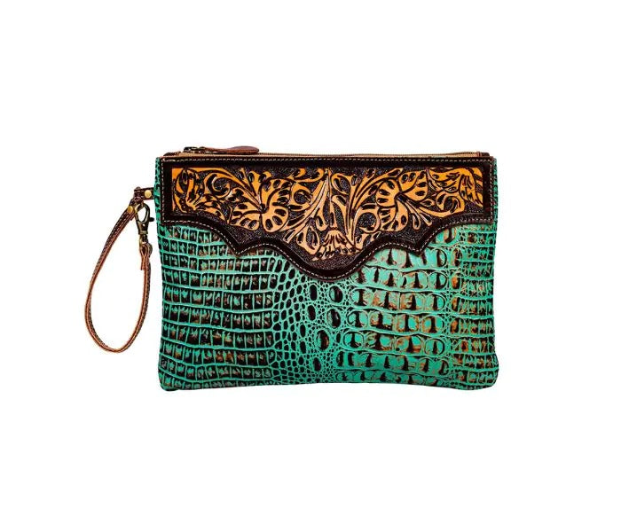 Myra Bag: S-8821 "Sipala Hand-Tooled Green Leather Pouch"