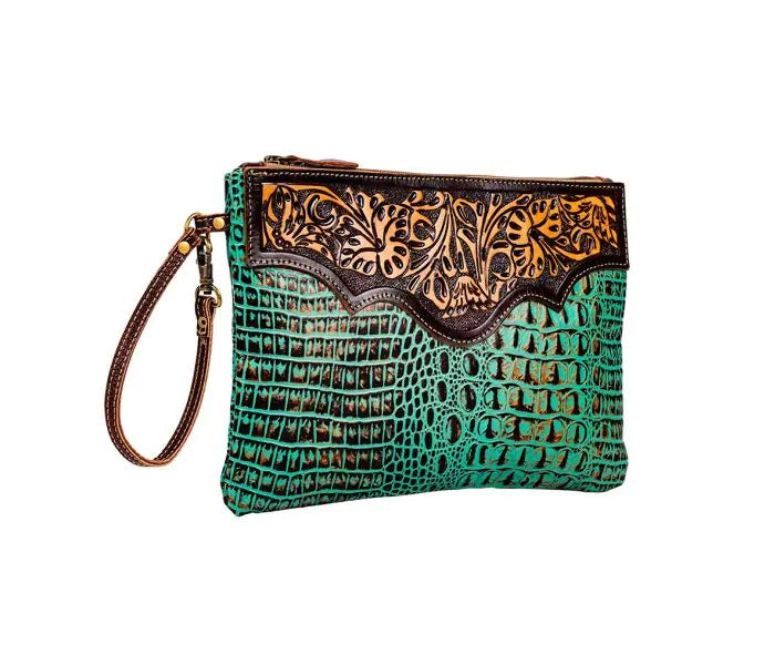 Myra Bag: S-8821 "Sipala Hand-Tooled Green Leather Pouch"