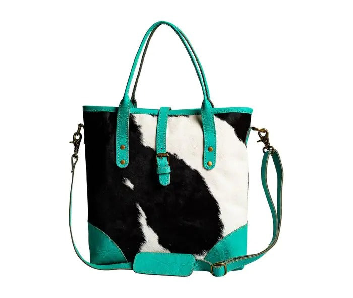 Myra Bag: S-8941 "Pecos Pointe Canvas & Hairon Shoulder Bag in Turquoise"