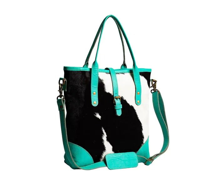 Myra Bag: S-8941 "Pecos Pointe Canvas & Hairon Shoulder Bag in Turquoise"