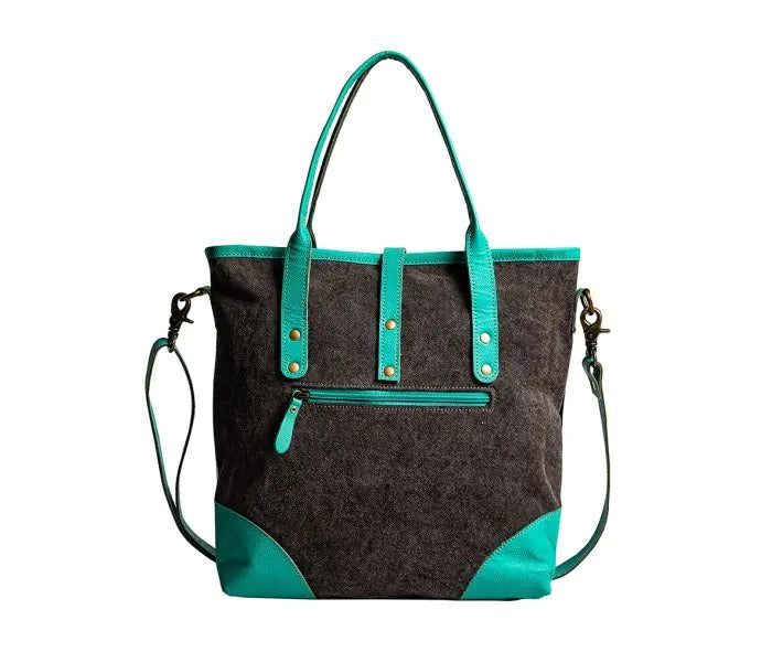 Myra Bag: S-8941 "Pecos Pointe Canvas & Hairon Shoulder Bag in Turquoise"