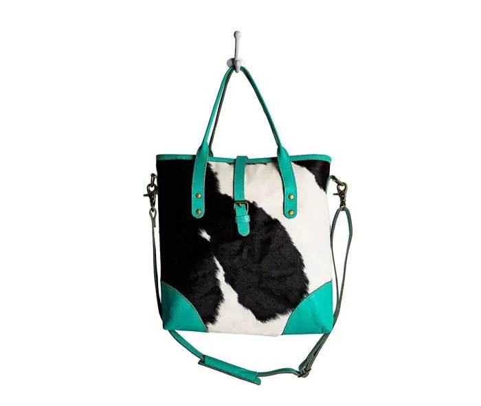 Myra Bag: S-8941 "Pecos Pointe Canvas & Hairon Shoulder Bag in Turquoise"