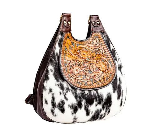 Myra Bag: S-9308 "Daisy Hill Trail Hand-Tooled Leather & Hair On Backpack Bag"