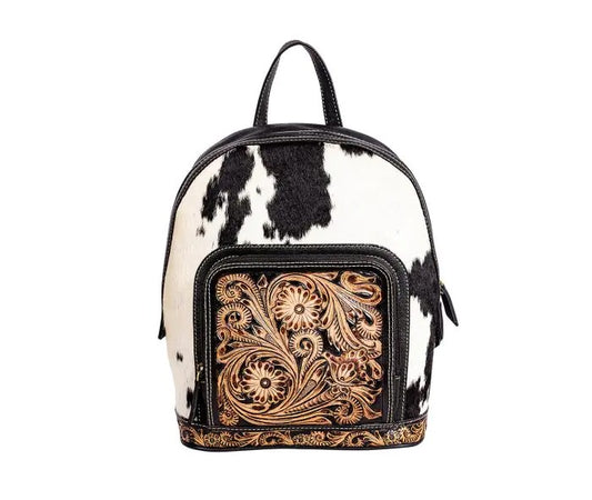 Myra Bag: S-9316 "Old Mill Trail Hand-Tooled Leather & Hair On Backpack Bag"