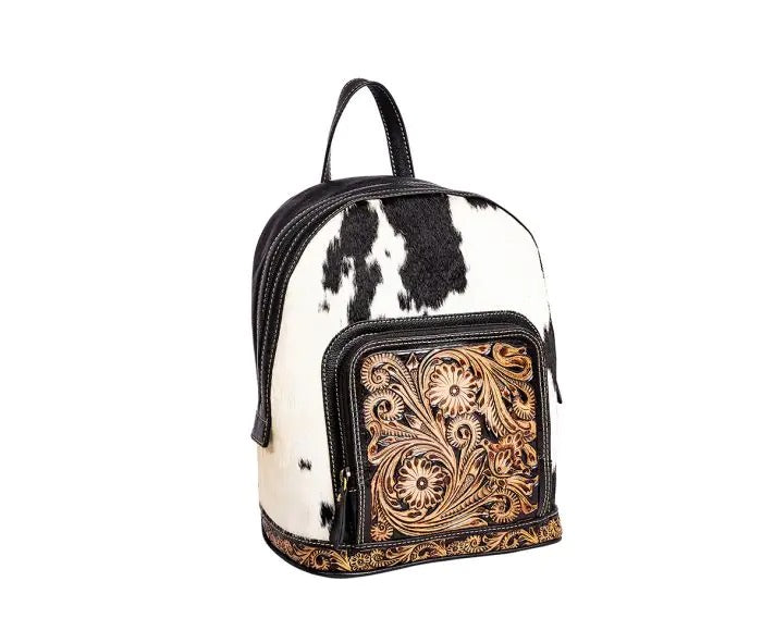 Myra Bag: S-9316 "Old Mill Trail Hand-Tooled Leather & Hair On Backpack Bag"