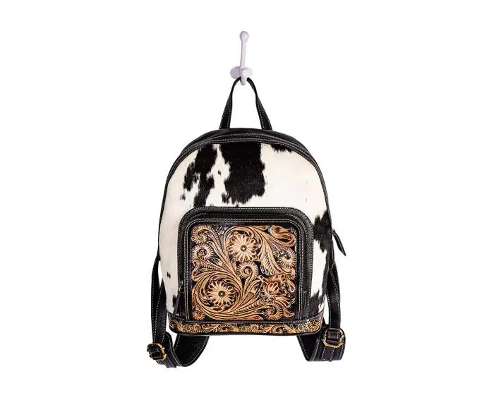 Myra Bag: S-9316 "Old Mill Trail Hand-Tooled Leather & Hair On Backpack Bag"