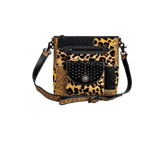 Myra Bag: S-9363 "Jaguar Trail Hand-Tooled Leather & Hairon Shoulder Bag"