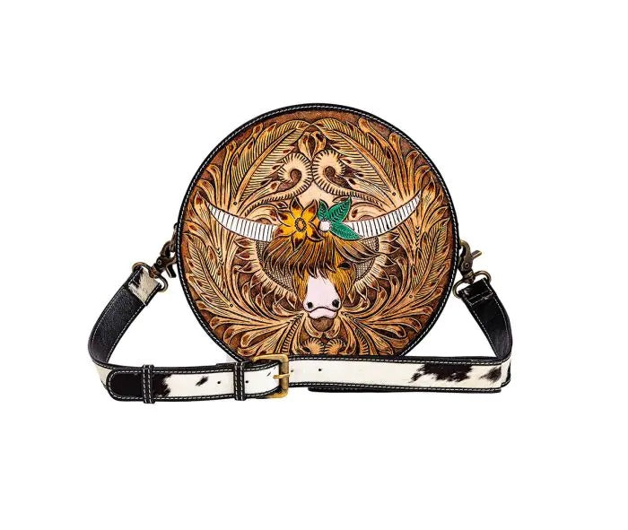 Myra Bag: S-9373 "Bloomin' Steer Hand-Tooled Leather Round Bag"