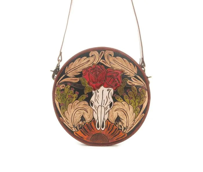 Myra Bag: S-9617 "Winds of the Rose Hand-Tooled Leather Round Bag"