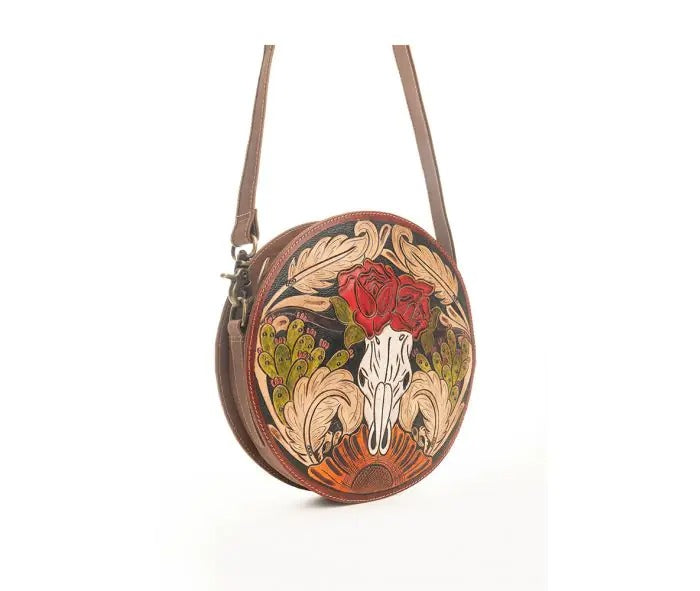 Myra Bag: S-9617 "Winds of the Rose Hand-Tooled Leather Round Bag"