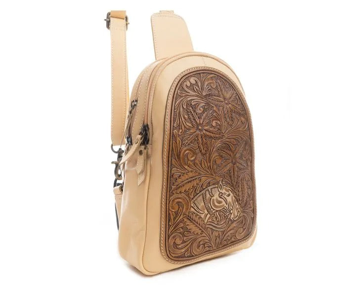 Myra Bag: S-9635 "Klinedale Hand-Tooled Leather Sling Bag"