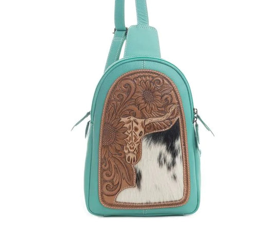 Myra Bag: S-9637 "Pearl Creek Hand-Tooled Leather Hair-On Hide Sling Bag"