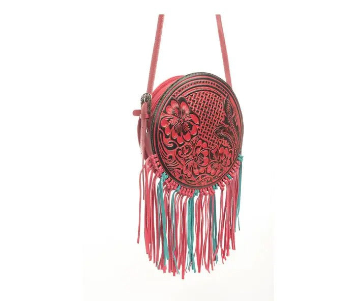 Myra Bag: S-9642 "Rosa Crimson Hand-Tooled Leather Round Bag"