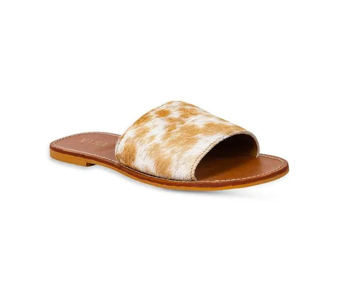 Myra Bag: S-9658 "Kemma Hair-on Hide Sandals in Light and Caramel"