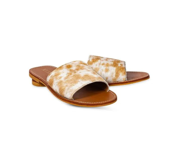 Myra Bag: S-9658 "Kemma Hair-on Hide Sandals in Light and Caramel"