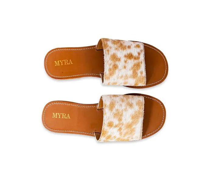 Myra Bag: S-9658 "Kemma Hair-on Hide Sandals in Light and Caramel"