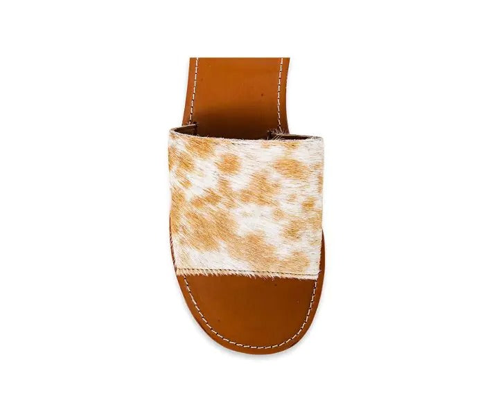 Myra Bag: S-9658 "Kemma Hair-on Hide Sandals in Light and Caramel"