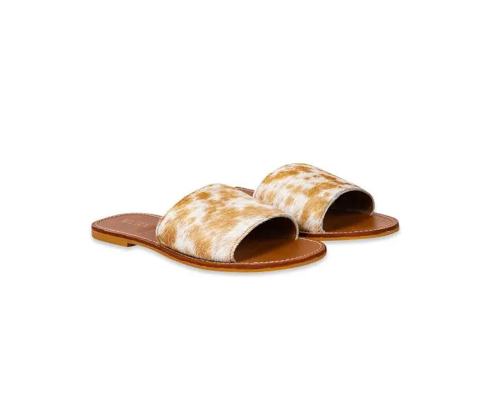 Myra Bag: S-9658 "Kemma Hair-on Hide Sandals in Light and Caramel"