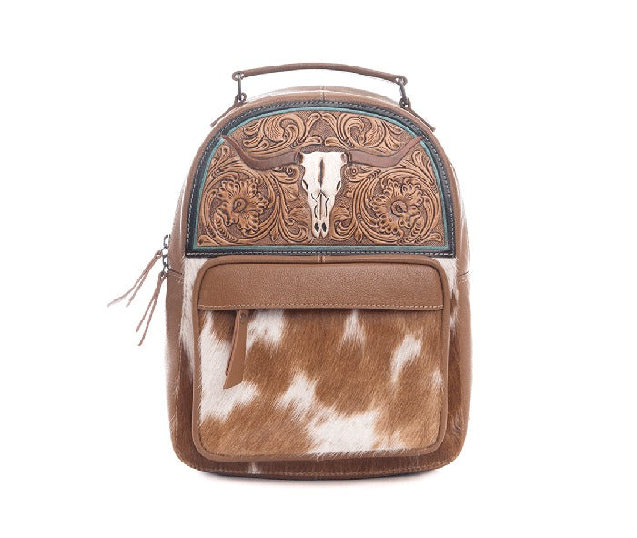 Myra Bag: S-9730 "Steer Creek Hand-Tooled Leather Hair-On Hide Backpack Bag"