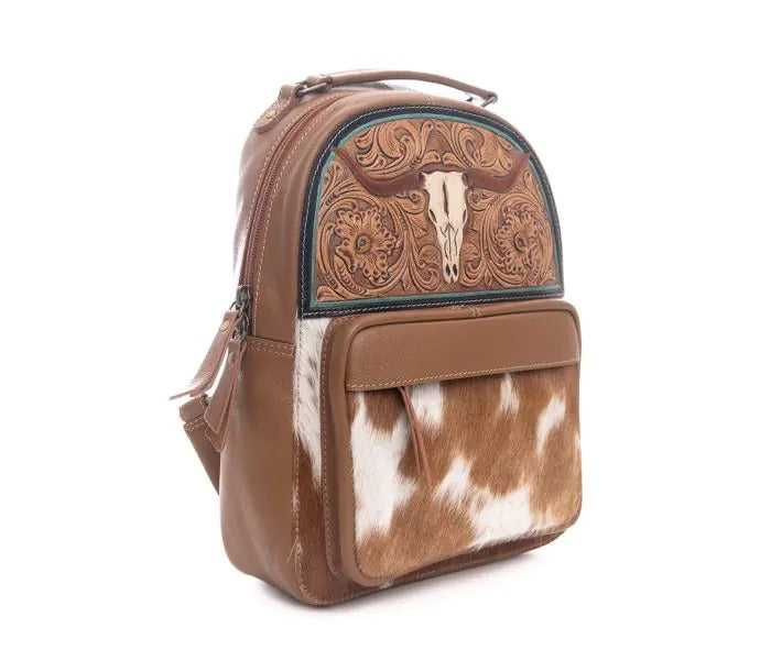 Myra Bag: S-9730 "Steer Creek Hand-Tooled Leather Hair-On Hide Backpack Bag"