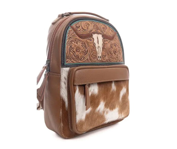 Myra Bag: S-9730 "Steer Creek Hand-Tooled Leather Hair-On Hide Backpack Bag"