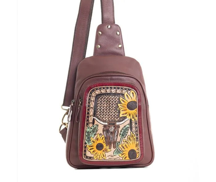 Myra Bag: S-9758 "Sunflower Steer Hand-Tooled Leather Sling Bag"