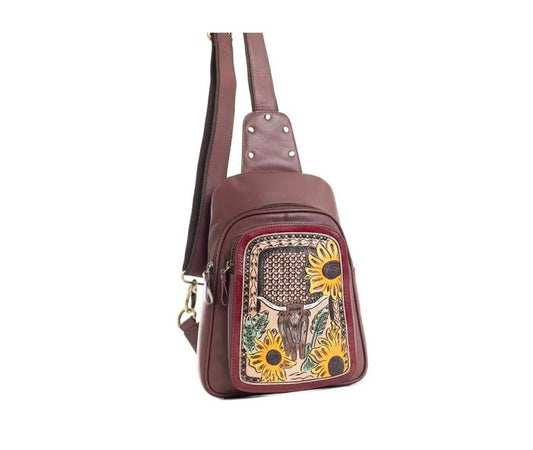 Myra Bag: S-9758 "Sunflower Steer Hand-Tooled Leather Sling Bag"