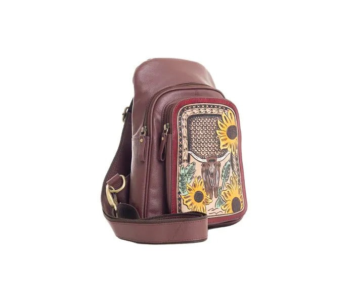 Myra Bag: S-9758 "Sunflower Steer Hand-Tooled Leather Sling Bag"